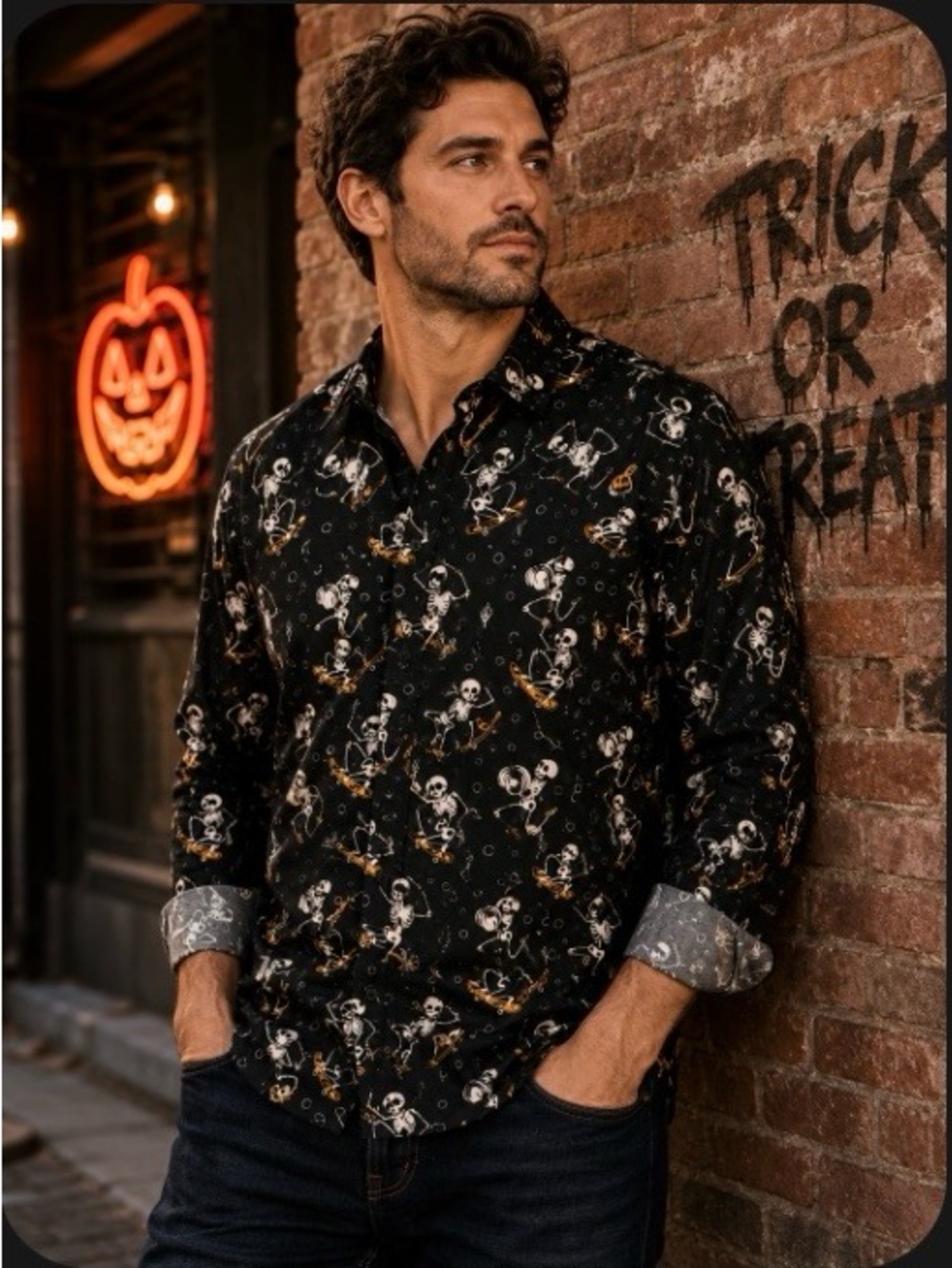 Simon Banks Halloween Skeleton Skateboard Button Down Shirt Long Sleeve Black L